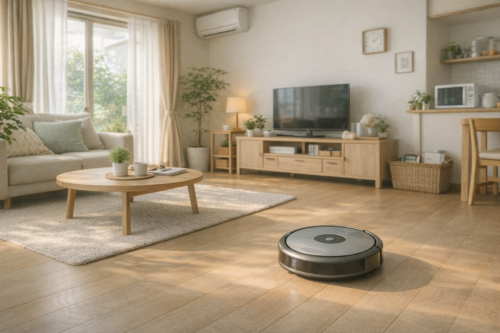 明るいリビングルームで床掃除をしているロボット掃除機
