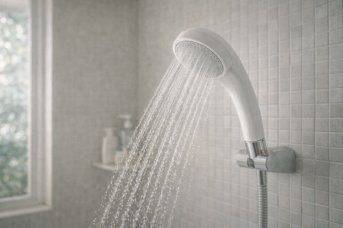 浴室で使用されている節水タイプのシャワーヘッド
